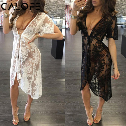 CALOFE Long Lace Sexy Beach Cover Up