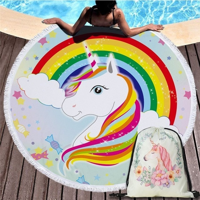 Cartoon Unicorn 150cm Round Beach Towel
