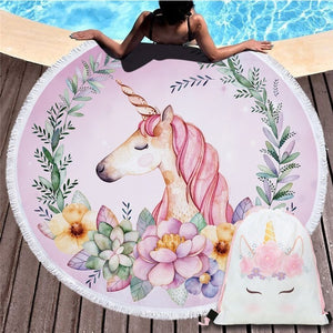 Cartoon Unicorn 150cm Round Beach Towel